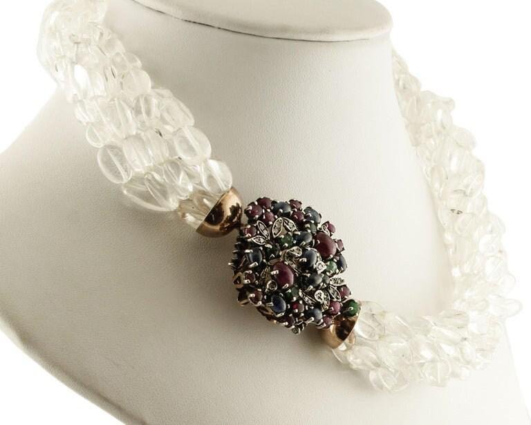 Necklace with Diamonds, Rubies, Emeralds, Sapphires, Rock Crystal & Rose Gold and Silver Closure