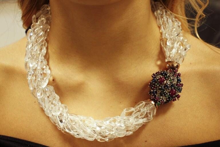 Necklace with Diamonds, Rubies, Emeralds, Sapphires, Rock Crystal & Rose Gold and Silver Closure