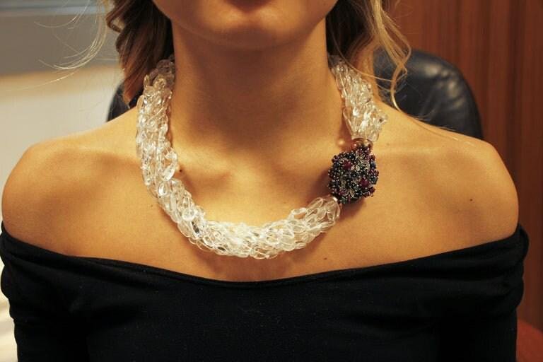 Necklace with Diamonds, Rubies, Emeralds, Sapphires, Rock Crystal & Rose Gold and Silver Closure