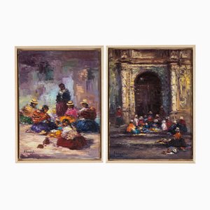 Nelly Binaghi, Seamstresses in Argentina, Oil on Canvas, Framed, Set of 2-GPP-1146779