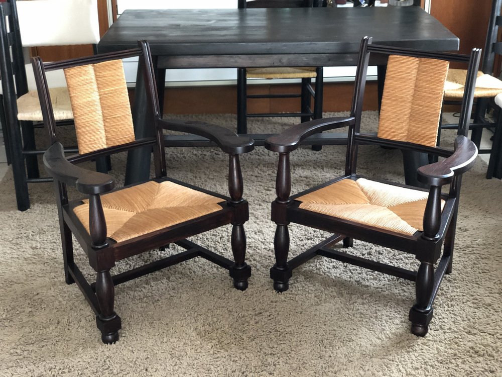 Neo Basque Armchairs in Oak with Straw-Covered Seats and Backs, 1950, Set of 2