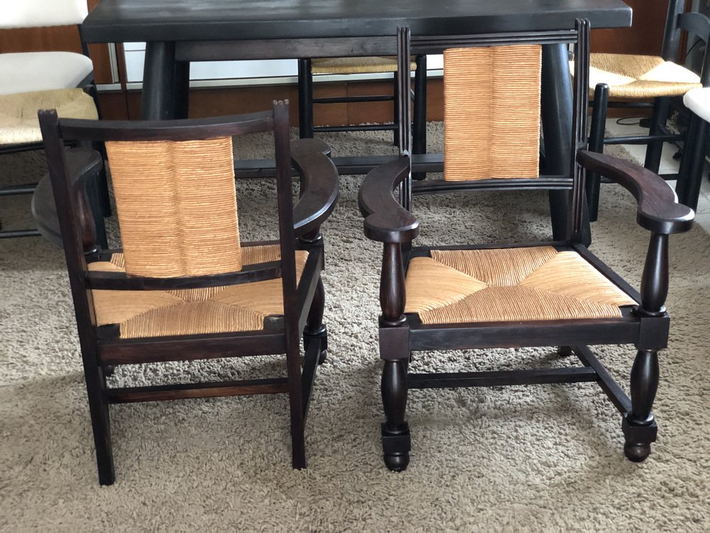 Neo Basque Armchairs in Oak with Straw-Covered Seats and Backs, 1950, Set of 2