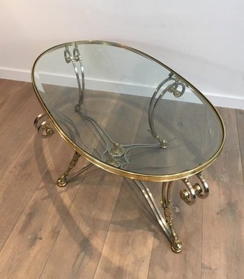 Neo-Classical Oval Brushed Steel and Brass Coffee Table, 1970s-BA-658569