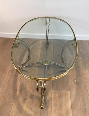 Neo-Classical Oval Brushed Steel and Brass Coffee Table, 1970s-BA-658569