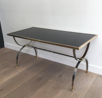 Neo-Classical Style Brushed Steel and Brass Coffee Table, 1940s-BA-658379