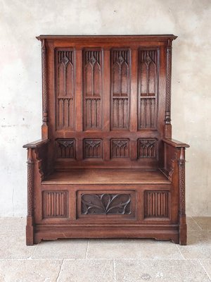 Neo-Gothic French Hand-Carved Oak Hall Bench, 1870s-TDA-1376286