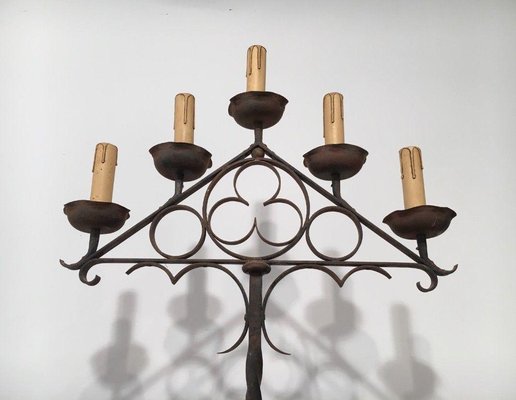 Neo-Gothic Wrought Iron Parquet Floor Candleholder-BA-1365801