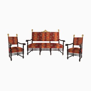 Neo-Renaissance Revival Carved Walnut Armchairs and Canape, 1900s, Set of 3-ABO-1440491