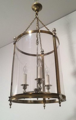 Neoclassical Brass and Silver Lantern with Round Faux Glass in Hard Plastic-BA-1365730