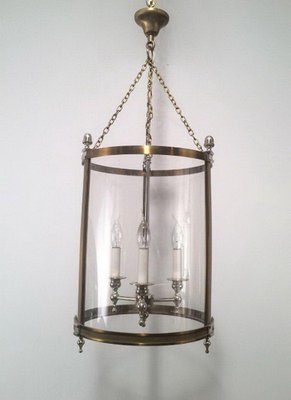 Neoclassical Brass and Silver Lantern with Round Faux Glass in Hard Plastic-BA-1365730