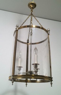 Neoclassical Brass and Silver Lantern with Round Faux Glass in Hard Plastic-BA-1365730