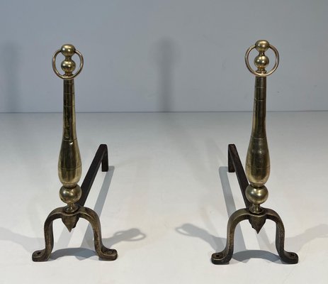 Neoclassical Chenets in Brass and Wrought Iron, 1970s, Set of 2-BA-1784748