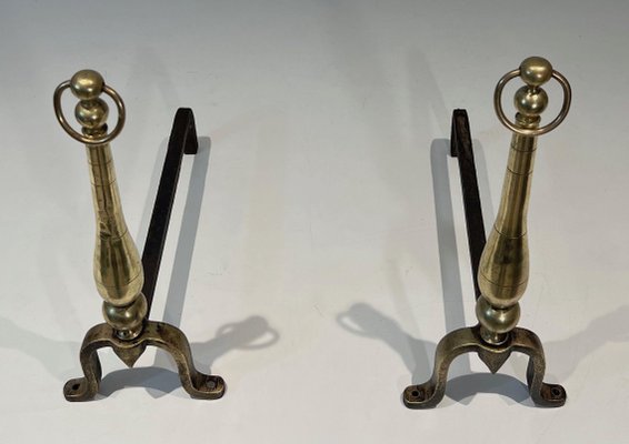 Neoclassical Chenets in Brass and Wrought Iron, 1970s, Set of 2-BA-1784748