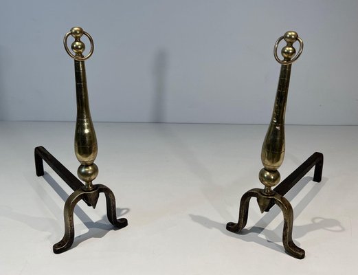 Neoclassical Chenets in Brass and Wrought Iron, 1970s, Set of 2-BA-1784748