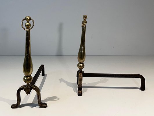 Neoclassical Chenets in Brass and Wrought Iron, 1970s, Set of 2-BA-1784748