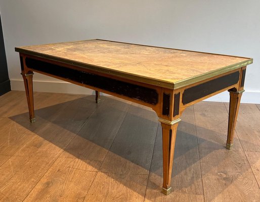 Neoclassical Coffee Table in Patinated Wood and Brass with Marble Top, 1940s-BA-2020893