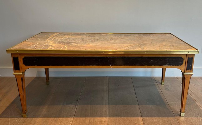 Neoclassical Coffee Table in Patinated Wood and Brass with Marble Top, 1940s-BA-2020893