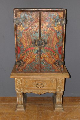 Neoclassical Colored Leather & Oak Cabinet, 1940s-BCR-842578