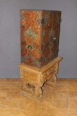 Neoclassical Colored Leather & Oak Cabinet, 1940s-BCR-842578