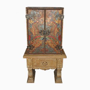 Neoclassical Colored Leather & Oak Cabinet, 1940s-BCR-842578