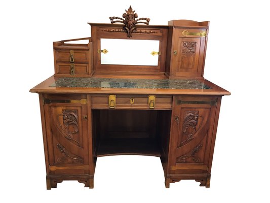 Neoclassical Desk with Floral Carving and Marble Plate-TSE-1268561