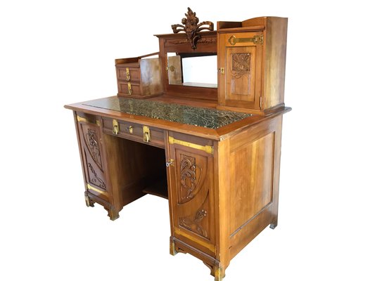 Neoclassical Desk with Floral Carving and Marble Plate-TSE-1268561