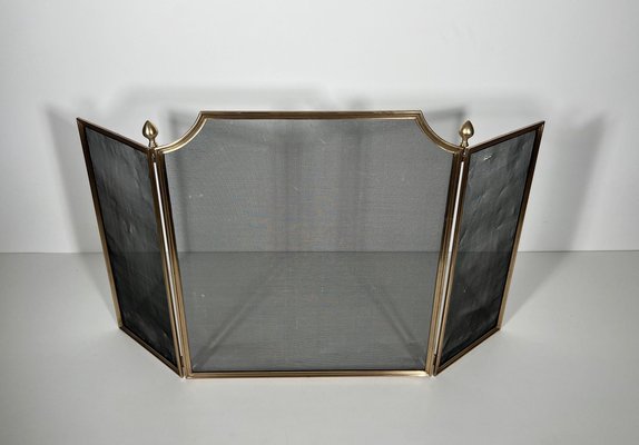 Neoclassical Fire Screen in Brushed Steel, Brass and Wire Mesh in the style of the Maison Jansen, 1940s-BA-1780968