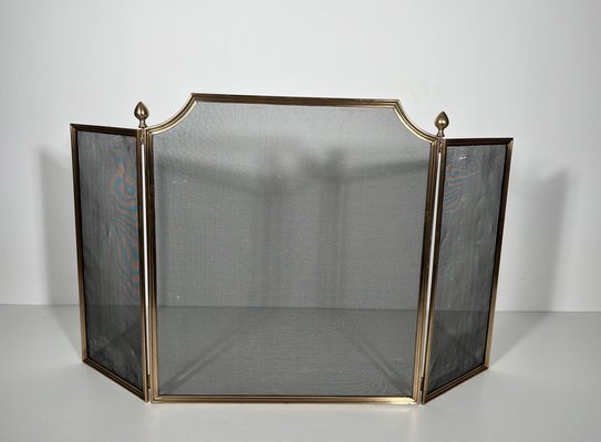 Neoclassical Fire Screen in Brushed Steel, Brass and Wire Mesh in the style of the Maison Jansen, 1940s-BA-1780968