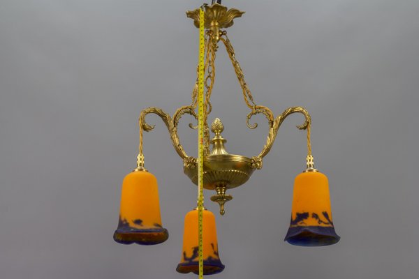 Neoclassical French Bronze Chandelier in Pate De Verre Glass by Jean Noverdy-KEG-1065531