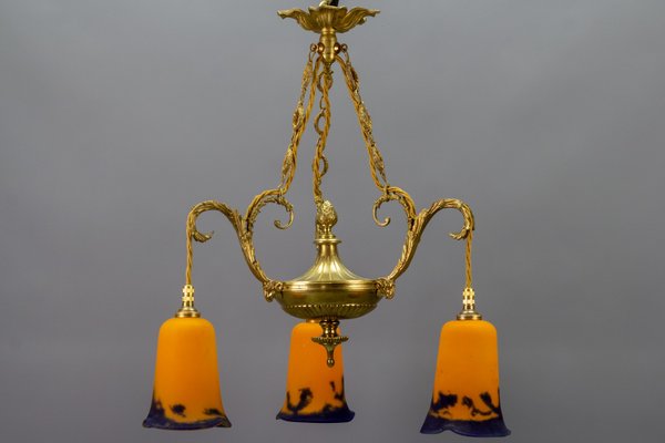 Neoclassical French Bronze Chandelier in Pate De Verre Glass by Jean Noverdy-KEG-1065531