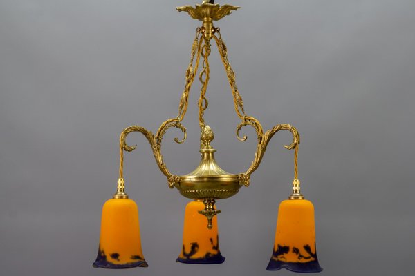 Neoclassical French Bronze Chandelier in Pate De Verre Glass by Jean Noverdy-KEG-1065531