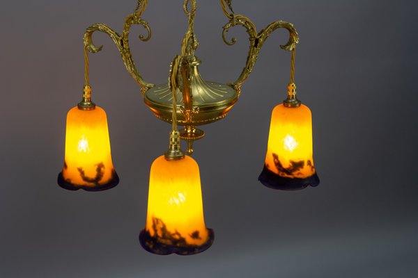 Neoclassical French Bronze Chandelier in Pate De Verre Glass by Jean Noverdy-KEG-1065531