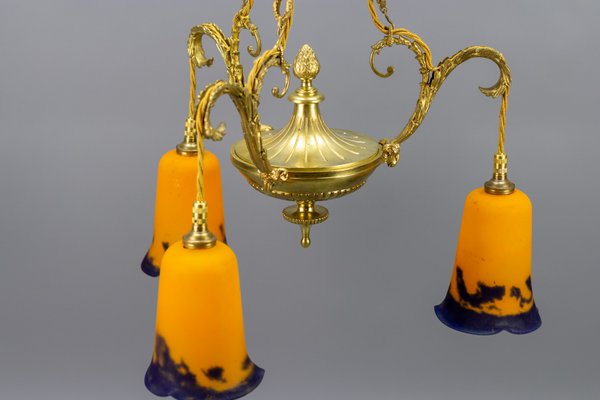 Neoclassical French Bronze Chandelier in Pate De Verre Glass by Jean Noverdy-KEG-1065531