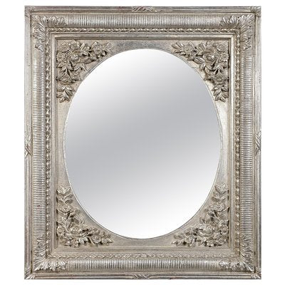 Neoclassical Regency Rectangular Silver Hand-Carved Wooden Mirror, 1970-UZ-862948