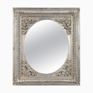 Neoclassical Regency Rectangular Silver Hand-Carved Wooden Mirror, 1970-UZ-862948