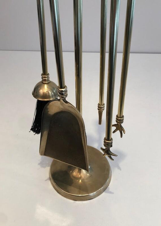 Neoclassical Style Brass Fireplace Tools on Stand, France, 1970s