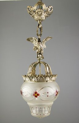 Neoclassical Style Bronze and Frosted Glass Pendant Light with an Eagle, 1920s-KEG-702687