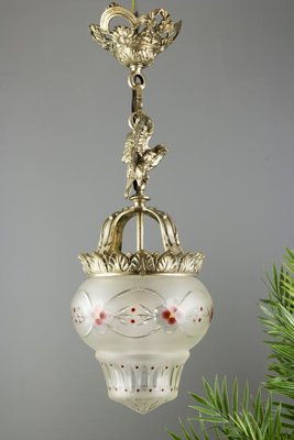 Neoclassical Style Bronze and Frosted Glass Pendant Light with an Eagle, 1920s-KEG-702687