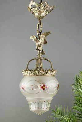 Neoclassical Style Bronze and Frosted Glass Pendant Light with an Eagle, 1920s-KEG-702687