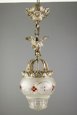 Neoclassical Style Bronze and Frosted Glass Pendant Light with an Eagle, 1920s-KEG-702687