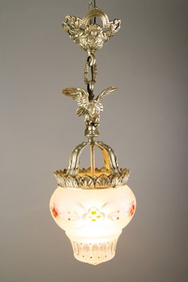 Neoclassical Style Bronze and Frosted Glass Pendant Light with an Eagle, 1920s-KEG-702687