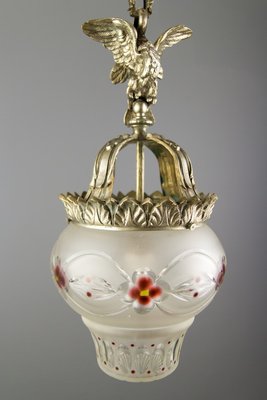 Neoclassical Style Bronze and Frosted Glass Pendant Light with an Eagle, 1920s-KEG-702687