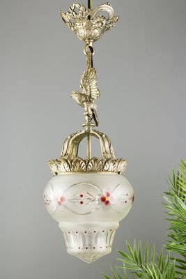 Neoclassical Style Bronze and Frosted Glass Pendant Light with an Eagle, 1920s-KEG-702687