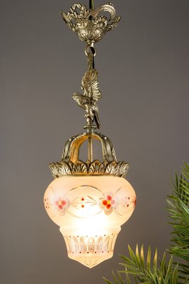 Neoclassical Style Bronze and Frosted Glass Pendant Light with an Eagle, 1920s-KEG-702687