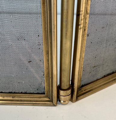 Neoclassical Style Fire Screen in Brushed Steel, Brass and Mesh in the style of Maison Jansen, 1940s-BA-1784738