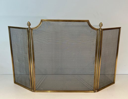 Neoclassical Style Fire Screen in Brushed Steel, Brass and Mesh in the style of Maison Jansen, 1940s-BA-1784738