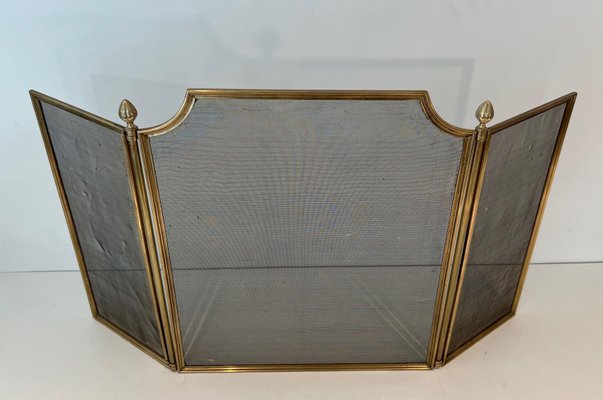 Neoclassical Style Fire Screen in Brushed Steel, Brass and Mesh in the style of Maison Jansen, 1940s-BA-1784738