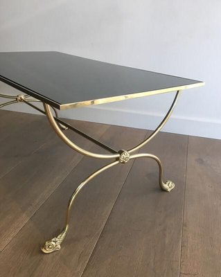 Neoclassical Style French Brass Coffee Table with Dolphins Heads and Mirror Top from Maison Jansen, 1940s-BA-913322