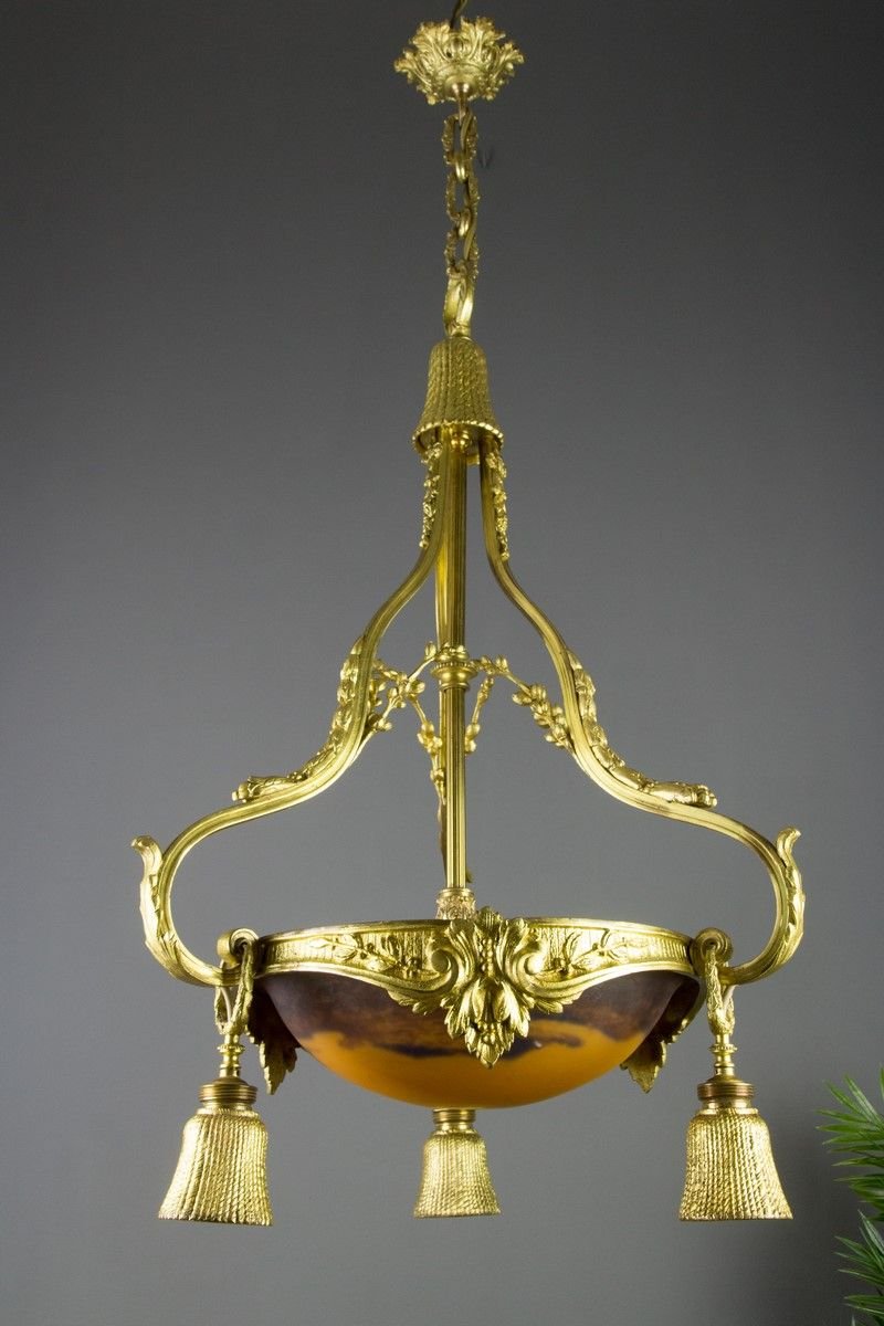 Neoclassical Style Gilt Bronze Chandelier from Verrerie D'Art Degué, 1920s