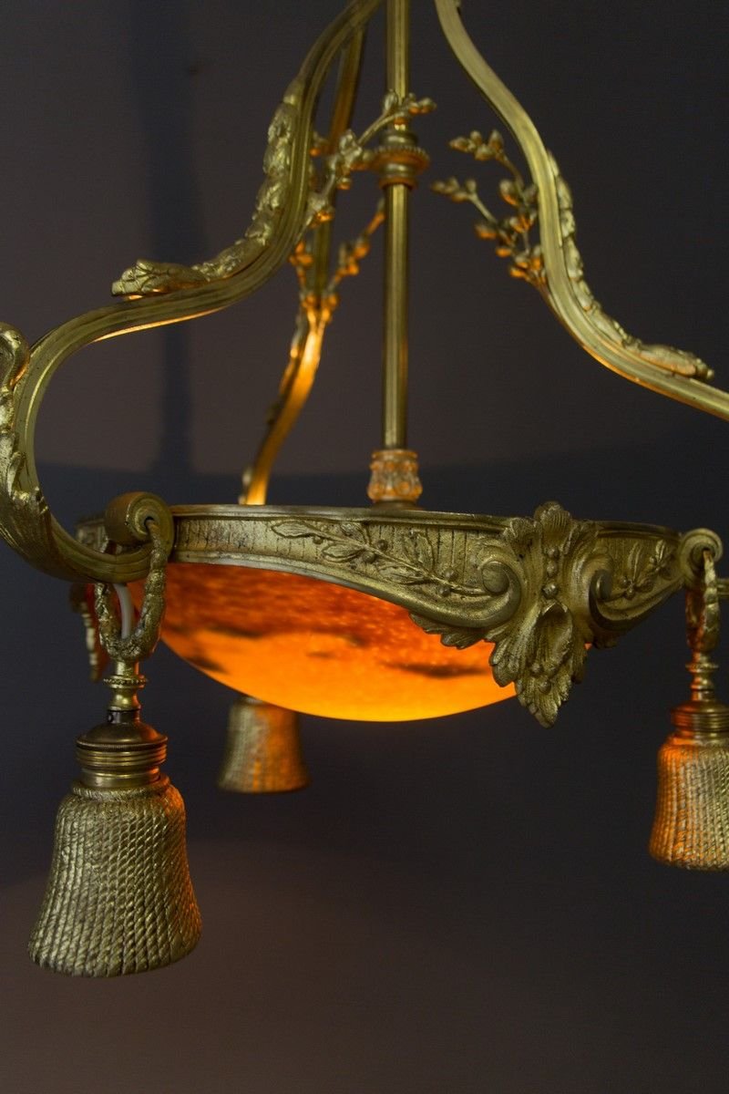 Neoclassical Style Gilt Bronze Chandelier from Verrerie D'Art Degué, 1920s